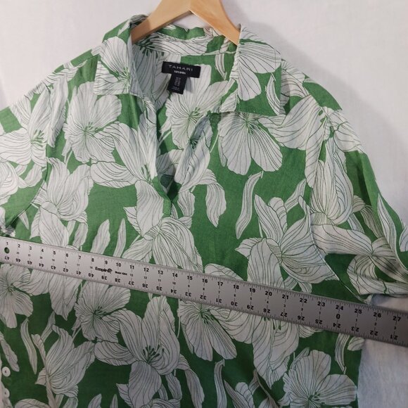 TAHARI,  1X, Linen, Green/White Floral Print Tunic Top, V Neck, Full Cut Beachy - Picture 7 of 14
